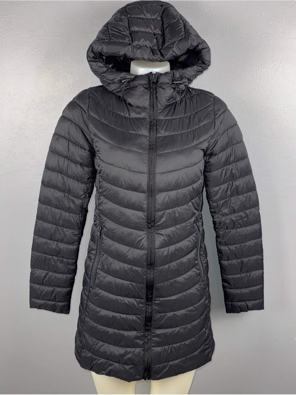 GAP Upcycled Long Puffer Hooded Lightweight Coat Parka Jacket XS Black Packable